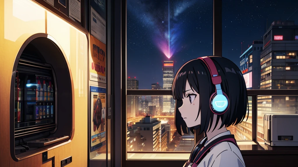 masterpiece, best quality, high quality, detailed, ultra detailed, hyper detailed, insanely detailed, exquisite, beautiful, FHD, Full-HD, 4K, 8K, 16K, highres, absurdres, skyscraper, city, a girl, intelligent, serious look, side view, I'm wearing headphones,short hair, black hair, black eyes, pale skin, beauty mark, in the room, with a window, with a starry sky, with a comet, at night, beautiful