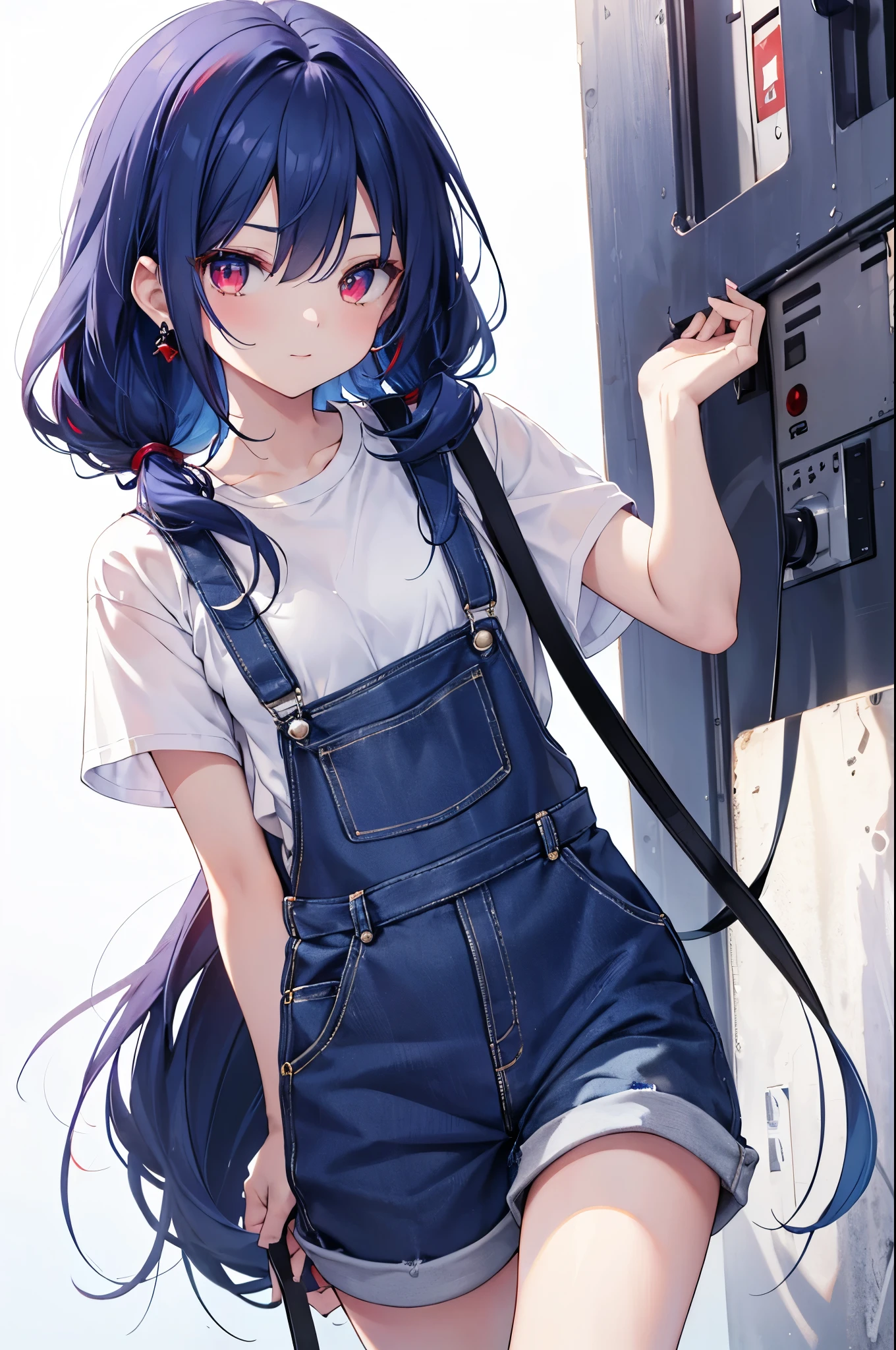 {{masterpiece}}, The best quality of life, 、((long indigo hair、Dark blue hair、Deep blue hair)) 、 Cute female, 、One woman、(((Crimson Eyes、Red eyes、Red eyes)))、Expressionless adult woman、((White background))、small but well-shaped breasts,、(((Large white simple T-shirt、Short overalls、High-top sneakers)))、smile、Small earrings