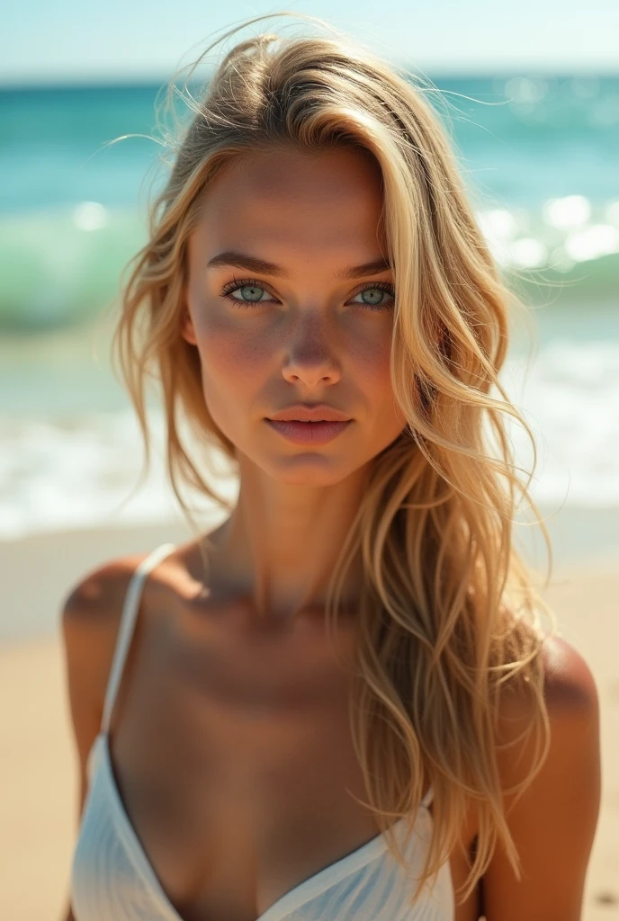 Blonde Woman, hyper realistic, 8k, shooting photo, on the beach , Brown hair 