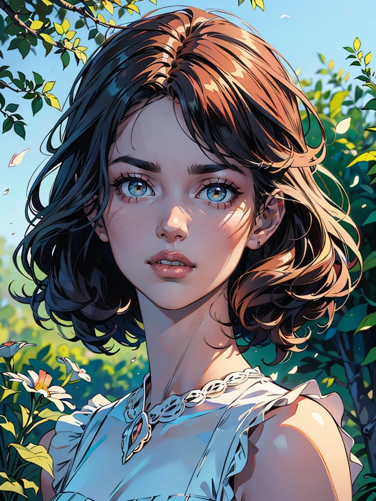 (realistic) A girl in a garden, wearing a (clean and elegant) dress, surrounded by (vibrant and colorful) flowers and (lush) greenery. Her (beautiful detailed) eyes and (beautiful detailed) lips exude a sense of (youthfulness and innocence). The dress is made of a (flowy and light) material, creating a sense of (softness and grace). The girl's hair flows down in (loose and natural) curls, adding to her (gentle and carefree) appearance. The sunlight filters through the leaves, casting (warm and dappled) light on the scene. The overall image is of (best quality, highres) with (ultra-detailed) textures and (realistic) colors. The scene is reminiscent of (classic portrait painting) with a touch of (impressionism). The color palette leans towards (pastel) tones, creating a (dreamy and ethereal) atmosphere. The lighting is soft, casting subtle shadows, and emphasizing the girl's delicate features.