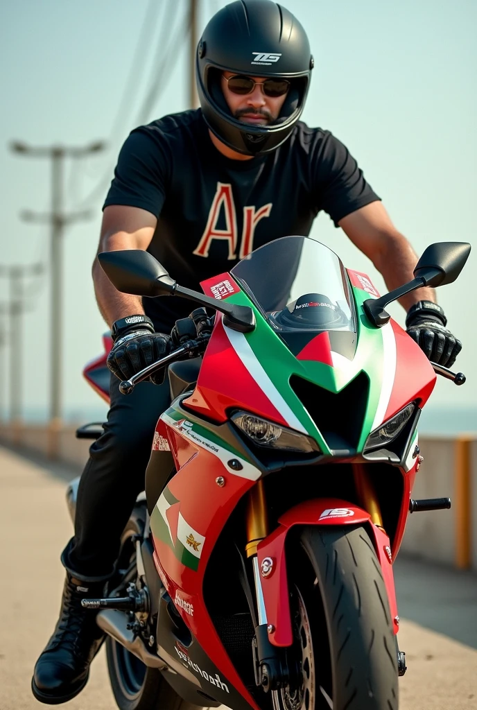 A man in a black shirt with the words Ar written on it.Mubarak wearing a black helmet and standing on a CBR Repsol motorbike with a Palestinian flag,on the hood of the motorbike there is a word written psychopath 