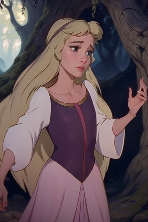 a beautiful princess eilonwy, wearing a tight pink leotard, long flowing blonde hair, delicate facial features, full lips, large expressive eyes, elegant pose, graceful movements, fantasy forest background, warm lighting, detailed rendering, 8k, photorealistic, intricate details, vibrant colors, dramatic colors, dreamlike atmosphere, classic Disney Animated style