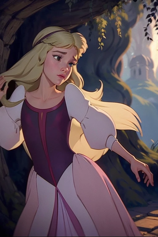 a beautiful princess eilonwy, wearing a tight pink leotard, long flowing blonde hair, delicate facial features, full lips, large expressive eyes, elegant pose, graceful movements, fantasy forest background, warm lighting, detailed rendering, 8k, photorealistic, intricate details, vibrant colors, dramatic colors, dreamlike atmosphere, classic Disney Animated style