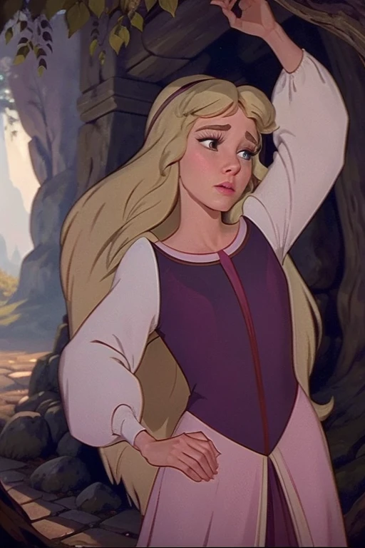 a beautiful princess eilonwy, wearing a tight pink leotard, long flowing blonde hair, delicate facial features, full lips, large expressive eyes, elegant pose, graceful movements, fantasy forest background, warm lighting, detailed rendering, 8k, photorealistic, intricate details, vibrant colors, dramatic colors, dreamlike atmosphere, classic Disney Animated style