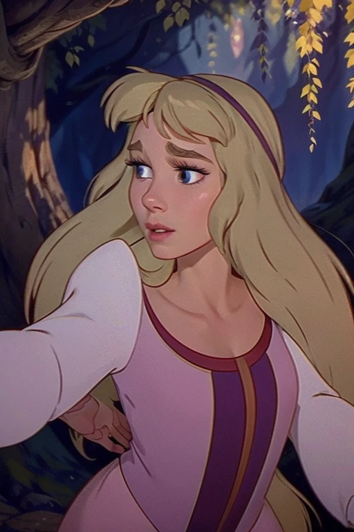 a beautiful princess eilonwy, wearing a tight pink leotard, long flowing blonde hair, delicate facial features, full lips, large expressive eyes, elegant pose, graceful movements, fantasy forest background, warm lighting, detailed rendering, 8k, photorealistic, intricate details, vibrant colors, dramatic colors, dreamlike atmosphere, classic Disney Animated style