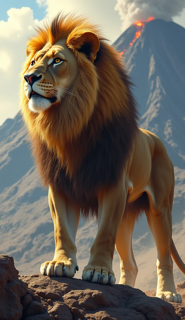 Lion with volcano in background 