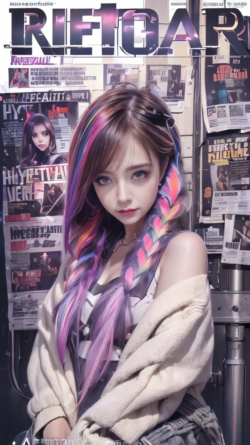 (photo Realistic:1.4), (hyper Realistic:1.4), (Realistic:1.3), (Smoother lighting:1.05), (Improving the lighting quality of movies:0.9),(((Magazine Cover))),Glossy cover,Cyberpunk Punk Cyborg Girl,Rainbow colors