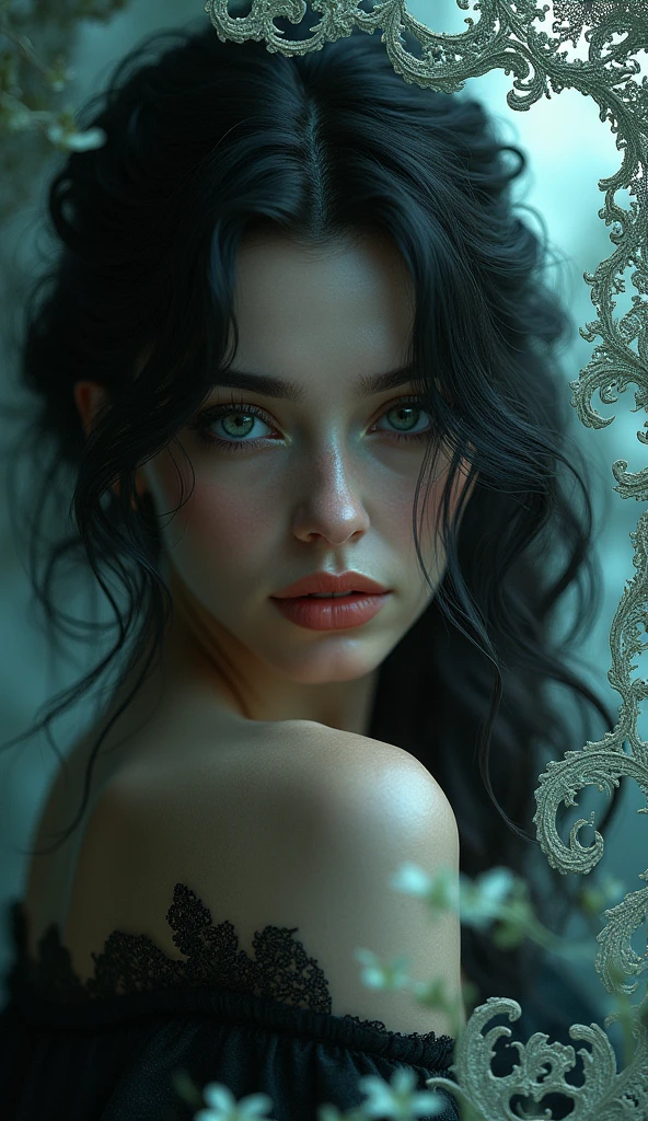 A mysterious beauty with dark, wavy locks and a smoldering stare, framed by delicate lace patterns and fractal designs.