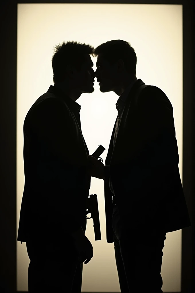 Create a dramatic, silhouetted image featuring two figures of men in an intense moment of connection, their faces close together as if about to kiss. One of the figures holds a gun, adding an element of danger and intrigue to the scene. The background is a stark, lighted rectangle, contrasting with the dark silhouettes of the characters. The overall atmosphere should be mysterious and charged with tension, hinting at a story of forbidden love or a dangerous alliance.