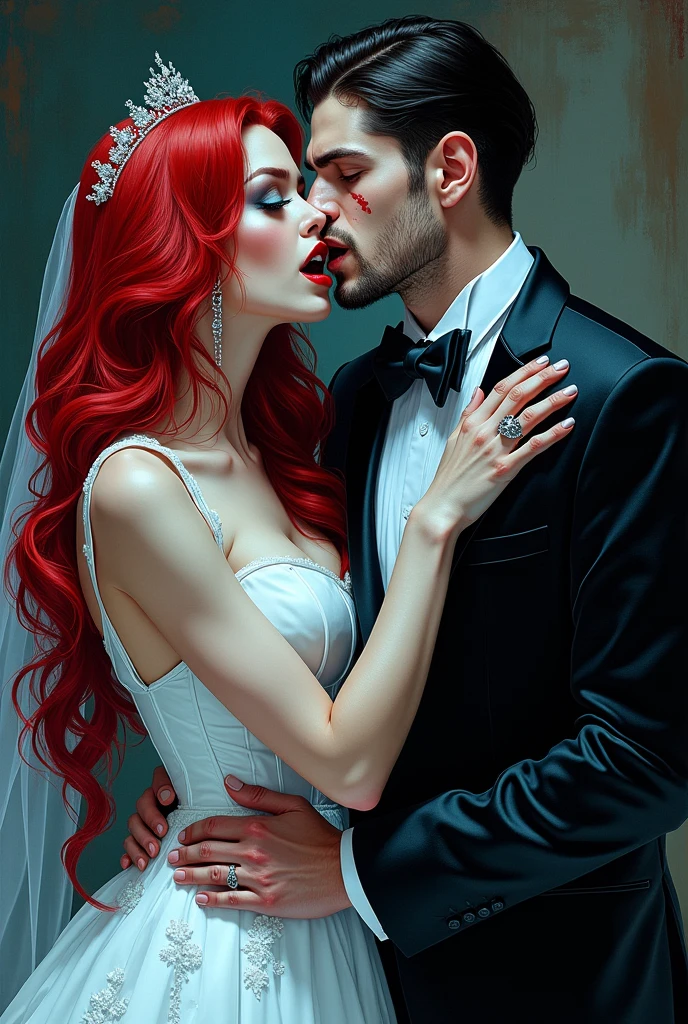 a dark fantasy comic picture of a ((vampire bride: 1.5)),  biting her groom, a female vampire bride, vampire female in a white leather wedding dress, goth wedding dress, with bloody gown ), best detailed face,  blood on face, ultra feminine, pale skin, red haired, long hair, wedding hair cut style, blue eyes, (blue glowing eyes: 1.3), wearing (white leather wedding dress: 1.4) bloody gown, (wearing white high heels: 1.4), in the honeymoon suite, biting the the groom, bloody face, BREAK a beautiful human man, ultra detailed face (best details, Masterpiece, best quality: 1.4), wearing a wedding tuxedo, honeymoon suite background, vibrant, Ultra-high resolution, High Contrast, (masterpiece:1.5), highest quality, Best aesthetics), best details, best quality, highres, 16k, [ultra detailed], masterpiece, best quality, (extremely detailed)