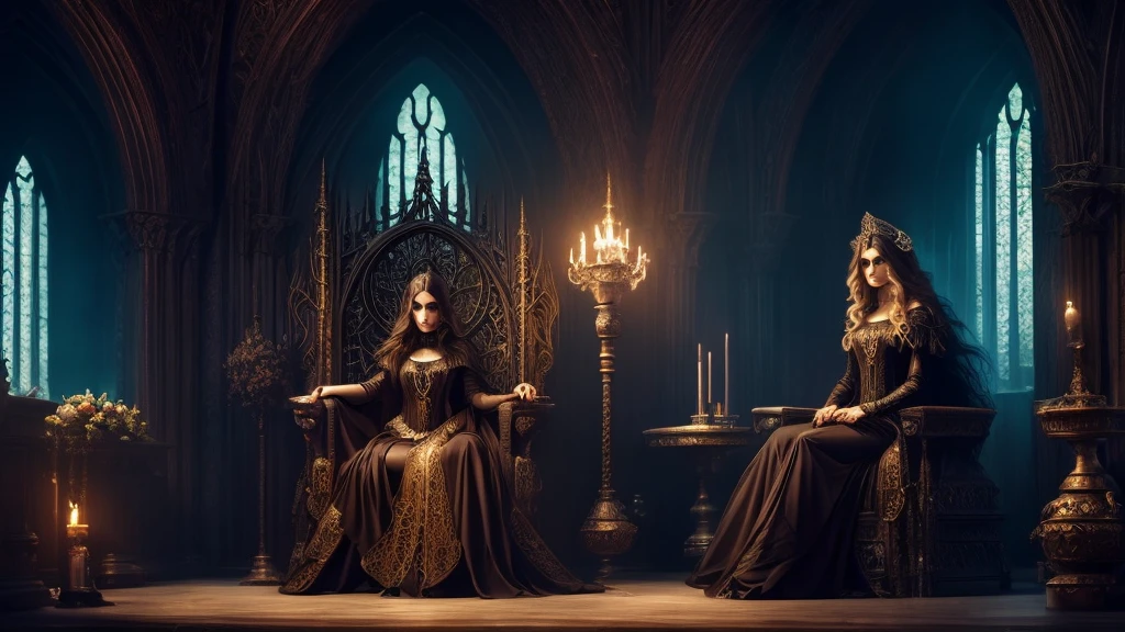 RAW Photos,black light, hair blonde, dark surroundings, Dark masterpiece, mulher fair brown-skinned, SITTING ON A THRONE, black roses, posing photo, long hair, hair blonde, black witchcraft, red geometric shiny background, full body size, Eastern fantasy theme, Eyes red, underworld, cold stare, Dark clothes, long and tight, fair brown-skinned, color classification, dark illustration, extreme quality, Radiant, extremely detaild, Face ultra detailed, ultra hd 8k, ultradigitality, mythical, black lightning, Conceital Art Portrait of Greg Rutkowski, artgerm, hyperdetailed, intricately detailed Gothic art, dark gothic fantasy style, triadic colors, Fantastic, intricate-detail, opening screen, colors complementary, fantasy concept art, 8K resolution, masterpiece of gothic deviantart, Heavy strokes, soft lighting, Surrealism