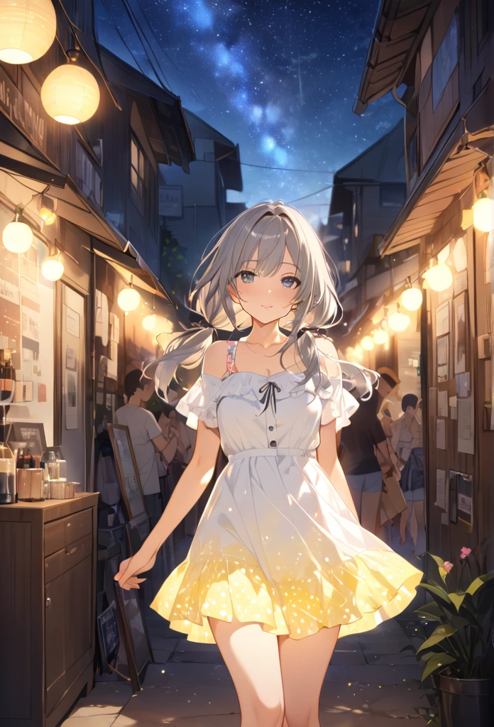 Highest quality masterpiece High resolution Masterpiece Gray Eyes Low twin tails、casual summer outfit 、flowerpunk、Sparkling light particles、Vivid gradient effect