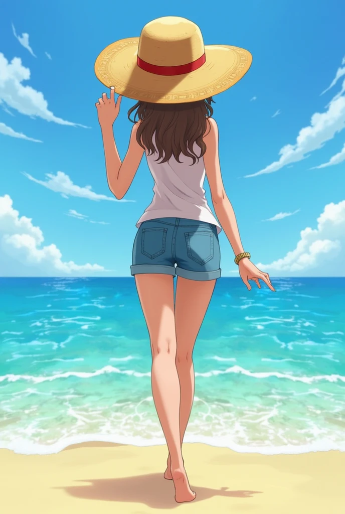 anime Ocean beautiful girl Straw hat Back view One person Large background Hold by hand 広いOcean one piece