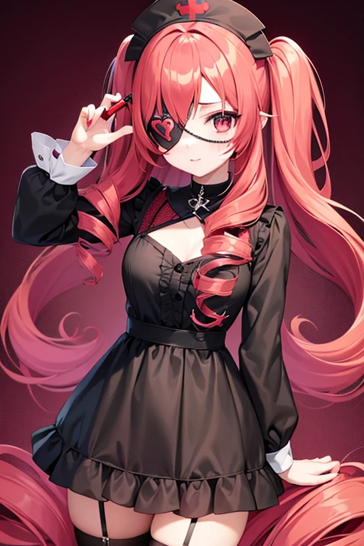 Cute Girls　Gothic Nurse Clothing　Red hair　Drill Hair　Eye patch　Devil&#39;s Wings　tooth　Background white　Upper Body　Anime Style　sd　front　Large earrings　heart　smile