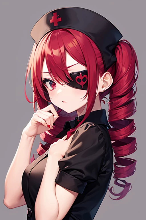 Cute Girls Gothic Nurse Clothing Red hair Drill Hair Eye patch Devil's Wings tooth Background white Upper Body Anime Style sd front Large earrings heart smile