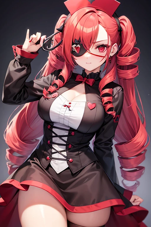 Cute Girls Gothic Nurse Clothing Red hair Drill Hair Eye patch Devil's Wings tooth Background white Upper Body Anime Style sd front Large earrings heart smile