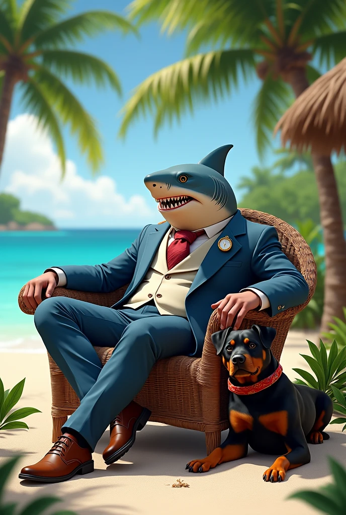 A shark boy gentleman on island with his rotweiler dog