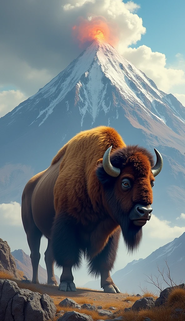 Bison with volcano in background 