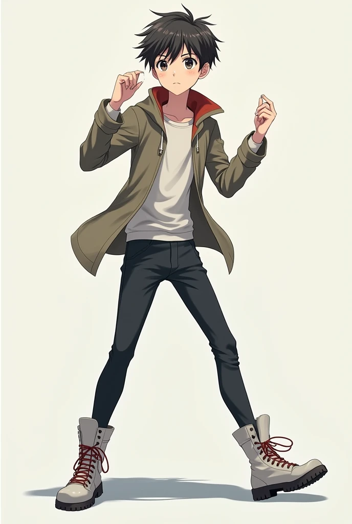 a thin but not very thin guy stands in an unusual pose waist-length in anime style ,looks at us