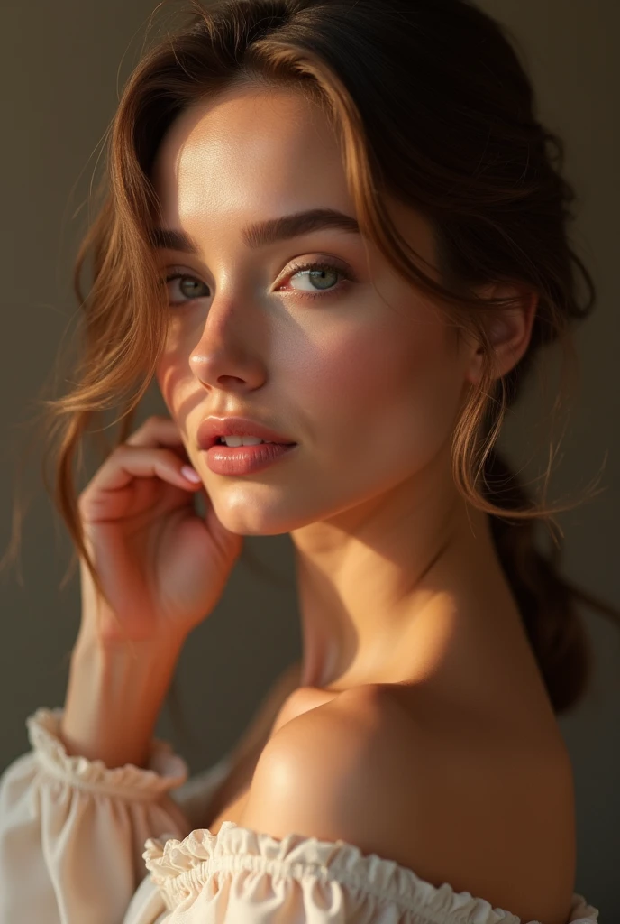 femme réaliste texture de peau détaillée, Beaux traits du visage, long cils, lèvres brillantes, doigts délicats, silhouette élégante, literie de luxe en soie, éclairage doux, composition cinématographique, Couleurs vives, Photoréaliste, 8k, Haute qualité