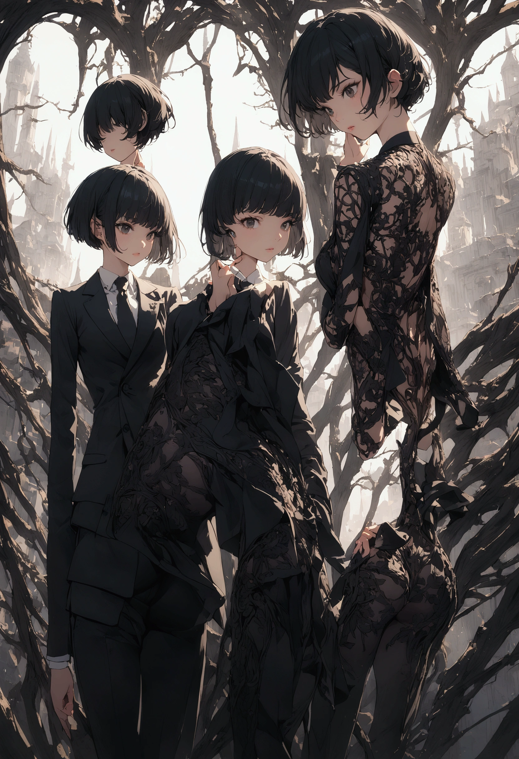 slender,young girl,pixie cut,black hair,suit