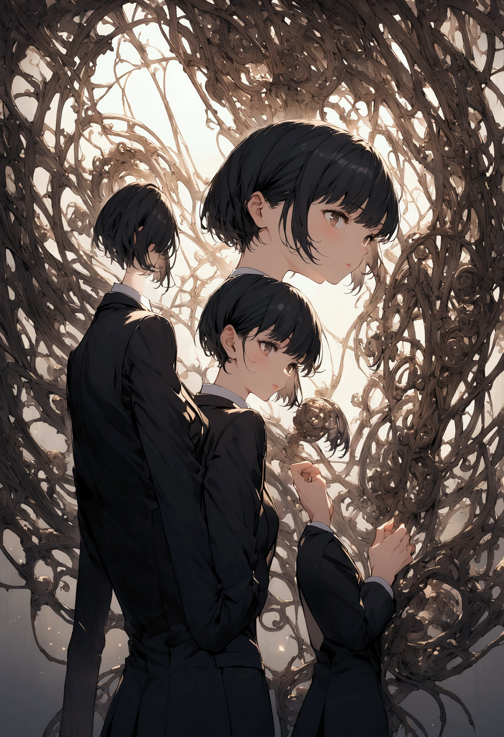 slender,young girl,pixie cut,black hair,suit