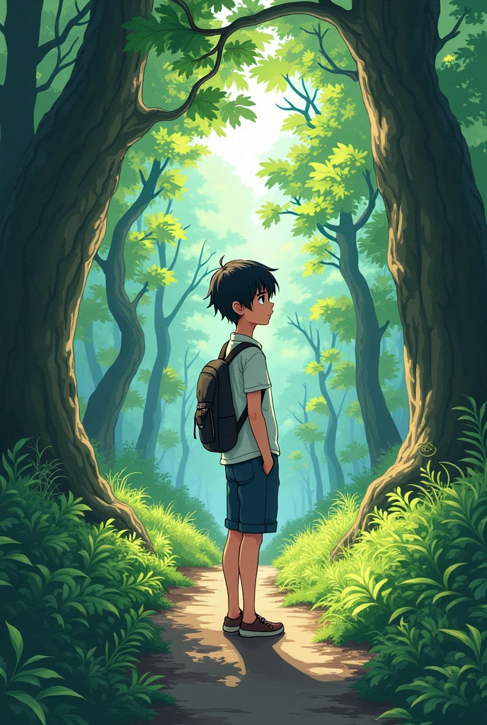 Profile, Wanderer, Japanese, history, half body, 2D, human art, teenager, background, beautiful Forest,