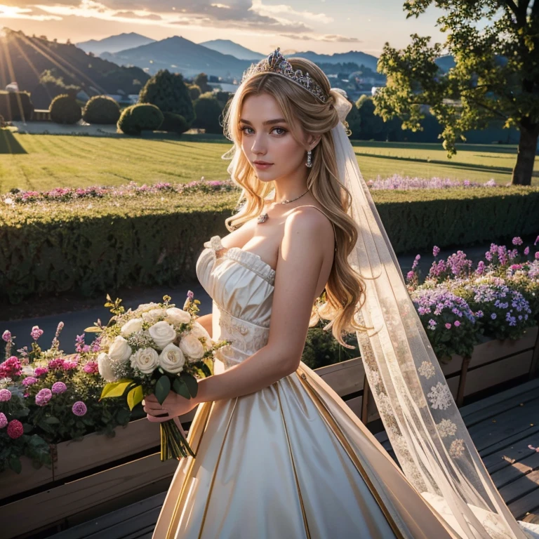(MeiSterwerk, beSte Qualität:1.5), höchSte Qualität, Hohe AuflöSung, super detailed, RealiSten, Oberkörperfoto eineS 22 jährigen blonde BlumenmädchenS,S,, detaillierte und Schöne Augen, Schöne detaillierte Lippen, Sehr detaillierte Augen und GeSicht, longeyelashes, 22-jährige Frau in einem lilla kurzen Kleid auS glänzendem SatinStoff, SchöneS und farbenfroheS Make-up, elegant and noble々PoSe,glänzendeS Satin-Stirnband, grind, Holding flowers, Gärten alS Hintergrund, SanfteS TageSlicht, bright colors, feine PinSelStriche, PorträtStil, Edle DetailS im KleiderStoff, Schöne Farbpalette, glowing skin, ErStklaSSigeS Rendering, daS jedeS Detail einfängt, bezaubernde AtmoSphäre, Subtile Schatten und Lichter, (perfect anatomy:1.2), (DaS umwerfenden 22-jährige Blumenmädchen trägt einen Korb mit RoSenblättern. Schaut überraScht (magnificent panorama view:1.2)