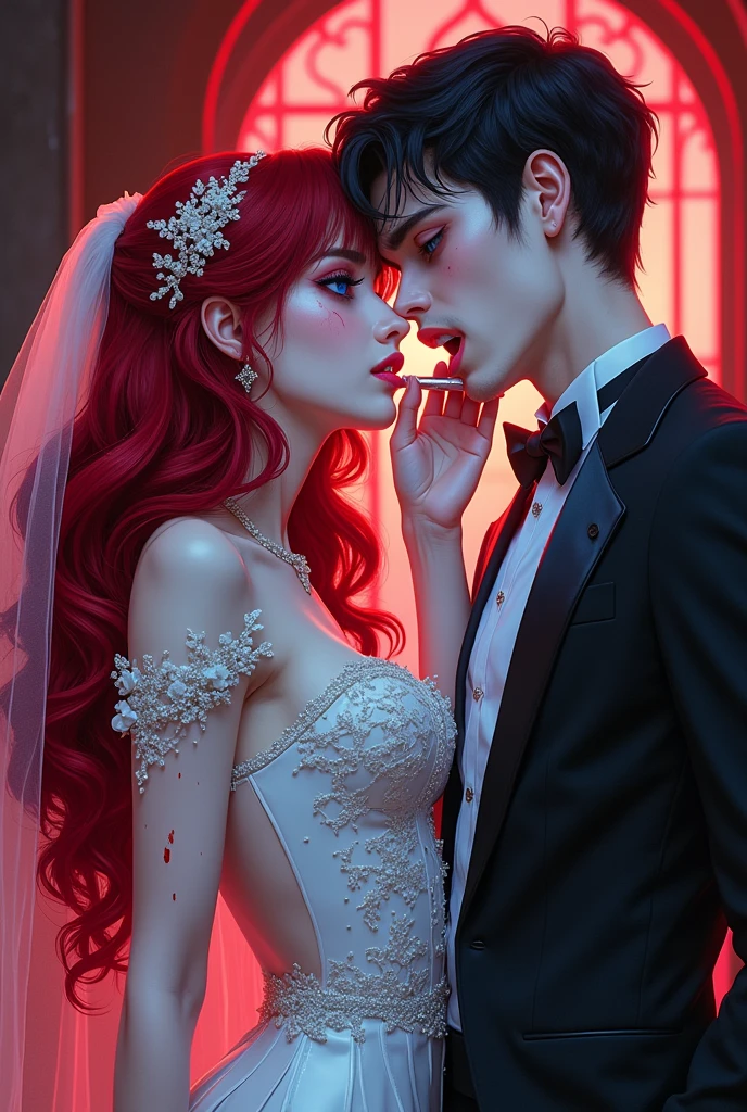 a anime comic picture of a ((vampire bride: 1.5)),  biting her groom, a female vampire bride, vampire female in a white leather wedding dress, goth wedding dress, with bloody gown ), best detailed face,  blood on face, ultra feminine, pale skin, red haired, long hair, wedding hair cut style, blue eyes, (blue glowing eyes: 1.3), wearing (white leather wedding dress: 1.4) bloody gown, (wearing white high heels: 1.4), in the honeymoon suite, biting the the groom, bloody face, BREAK a beautiful human man, ultra detailed face (best details, Masterpiece, best quality: 1.4), wearing a wedding tuxedo, honeymoon suite background, vibrant, Ultra-high resolution, High Contrast, (masterpiece:1.5), highest quality, Best aesthetics), best details, best quality, highres, 16k, [ultra detailed], masterpiece, best quality, (extremely detailed)