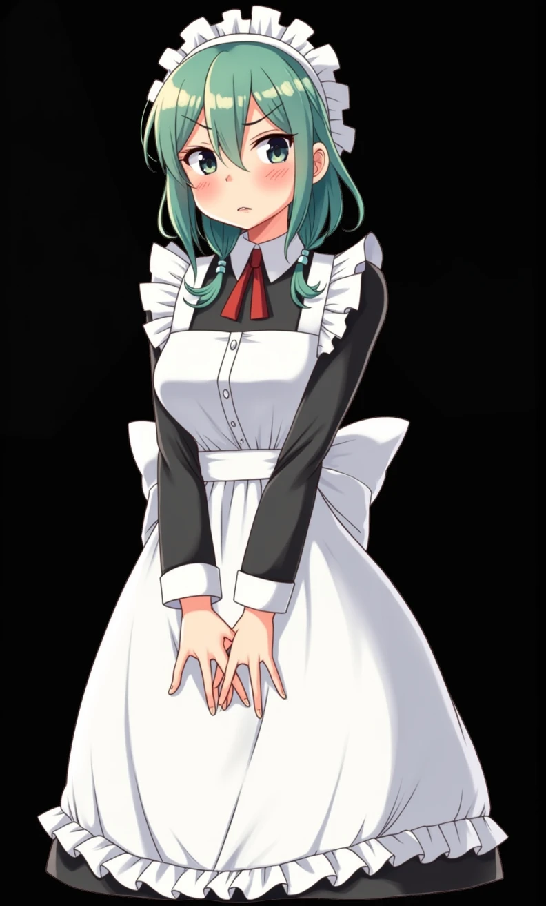 maid、Hold your hands on your butt、Embarrassed face、shame、Green Hair、Big Breasts、tits、skirt