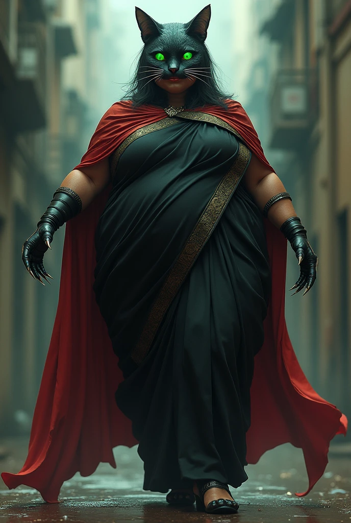 An Indian chubby woman age of 55 years in a black saree, high heels, black gloves with sharp cat like claws, wearing a cat head mask which covers her glowing green cat eyes  attach with her attire a red cape, ready to unleash her wrath upon her prey with a signature meow pose, and has a cunning smile on her cherry red lips. A man standing beside her with a look of fear 