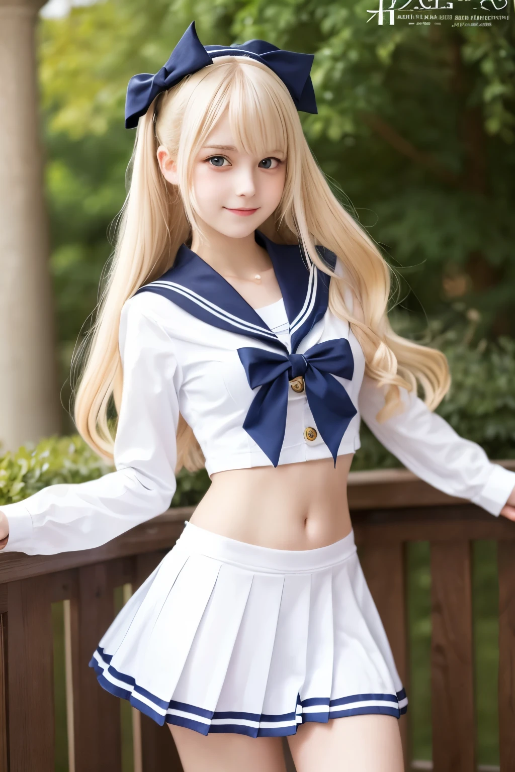 ((Highest quality)), ((masterpiece)), (detailed), One Girl, Sexy sailor uniform exposing the navel　 12 years old, Innocent beautiful German girl, Lolita-like features and ankle-length platinum blonde hair　slim　Dancing 