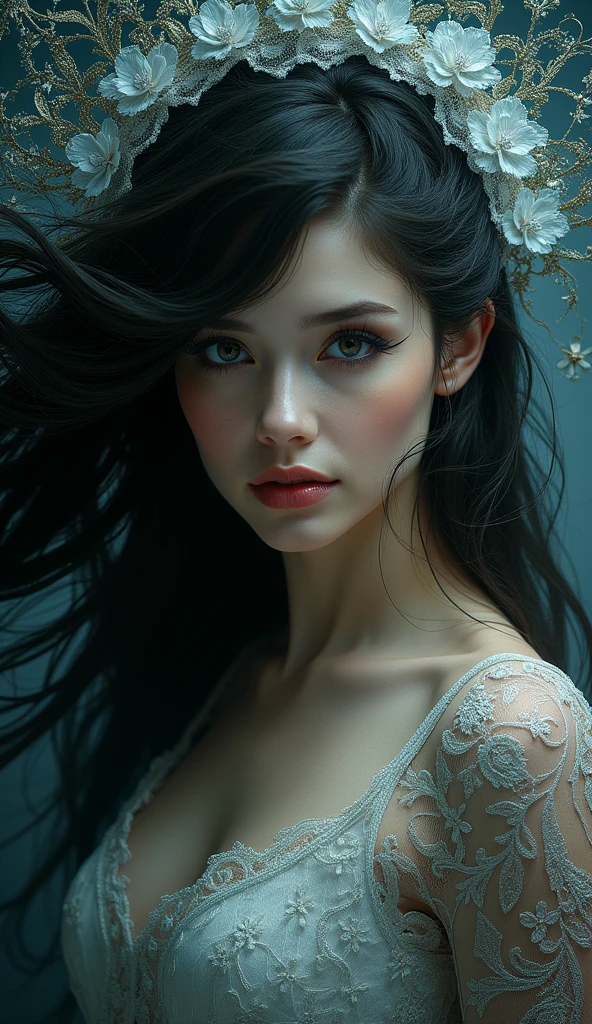 A mysterious beauty with dark, wavy locks and a smoldering stare, framed by delicate lace patterns and fractal designs.