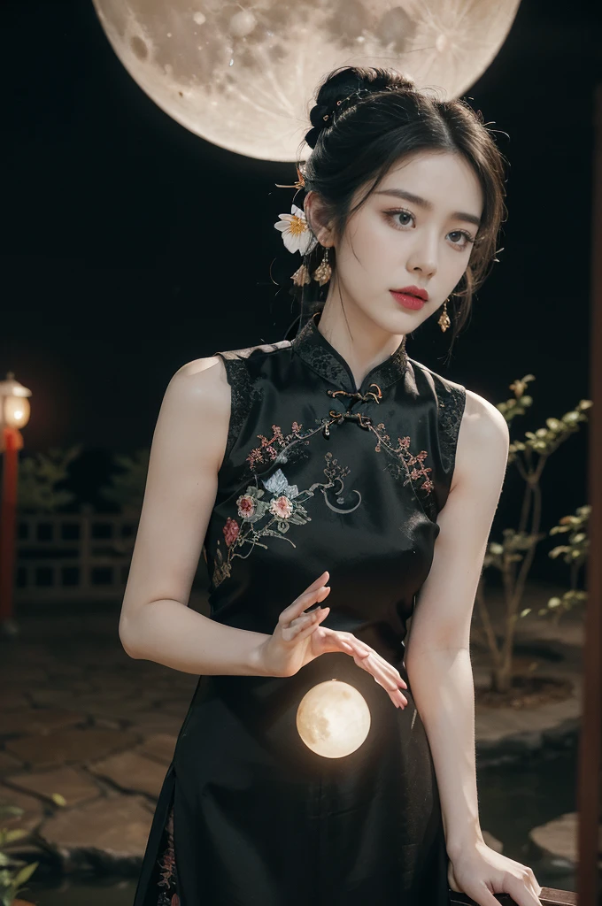 (((best quality))),(((ultra detailed))),(((masterpiece))),illustration,((1 beautiful girl,solo)),(bun hair:1.2),(Ghostly makeup:1.3),(fair skin:1.5),(red lips:1.2),(earrings:1.2),((slim,thin)),((small breasts,flat chest)),(black floral embroidered lace sleeveless cheongsam:1.5),(slender legs:1.2),(stockings:1.3),(standing:1.3),(A huge moon in the sky:1.3),(moonlit Chinese garden courtyard:1.3),(Ghost Festival:1.3),(Ghostly flames are drifting in the air:1.3),elegant and sophisticated,intricate patterns,curves,dark color,striking visual appeal,ethereal,enchanting,ghostly white blossoms,swaying branches,stone pathways,moss,eerie shadows,ancient pavilion,intricate wooden structure,mystery and intrigue,cicadas chirping,auditory symphony,embodiment of the festival's spirit,bathed in the moon's glow,delicate features,raven-black hair,waterfall of darkness,moon's luminance,captivating allure,sleek fabric,clung to frame,accentuating curves,highlighting beauty,striking appearance,ethereal beauty,hauntingly beautiful scene,captured essence,blend of beauty and mystery,(night scene:1.3),((from front,upper body))