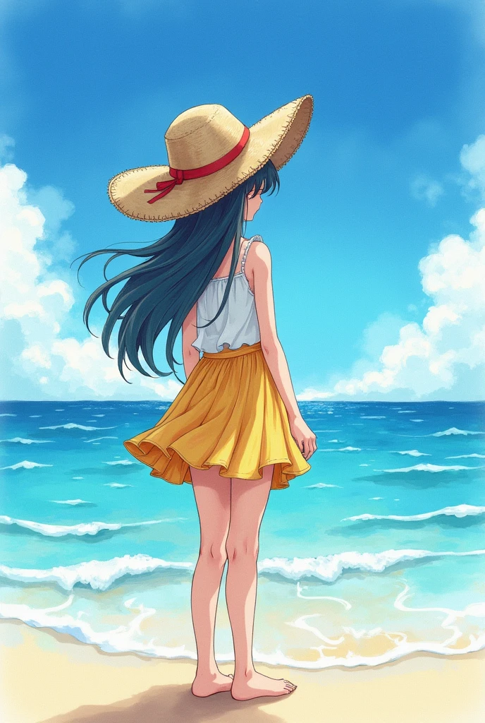 anime Ocean beautiful girl Straw hat Back view Watercolor touch