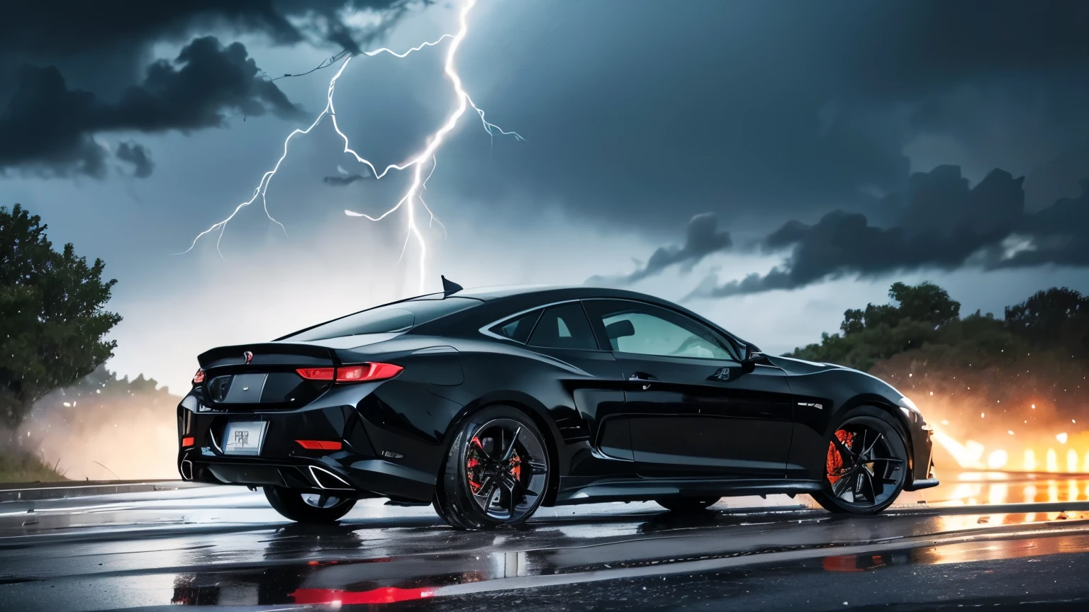 A sleek, sporty car with a shining body racing through a thunderstorm, captured from behind. The car's polished surface reflects the flashes of lightning in the dark, stormy sky. Water splashes dramatically from the wet road as the vehicle speeds away, leaving a trail of mist and light in its wake. The scene is intense and dynamic, emphasizing the car's power and the raw energy of the storm.