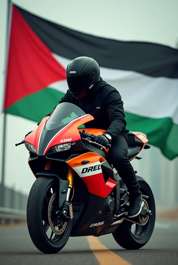 A man in black sits on a Repsol CBR motorbike holding a Palestinian flag 