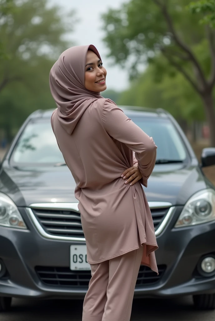 malay women wearing tudung naked from the waist down bending over showing her buttock in front of car