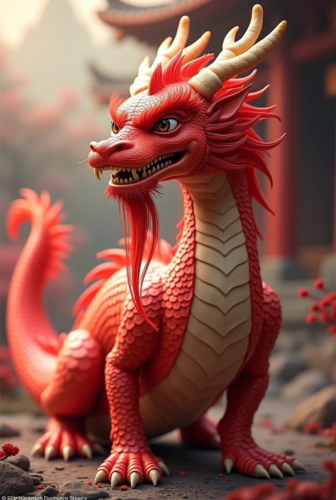 1 con rồng châu á red mà,Cream horn,the east,cool,red mane,Cream Eyebrow Horn,cool,red,whole body go,whole body from head to tail,add beard,2 sentences for 4 legs,cool
