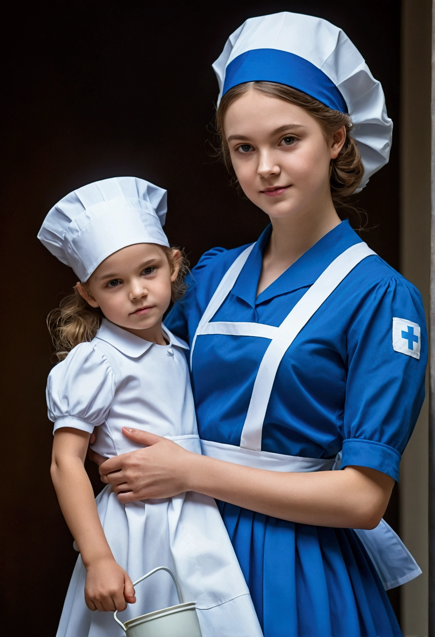 A young girl wearing a long blue dress, a white apron and a nurse's cap.