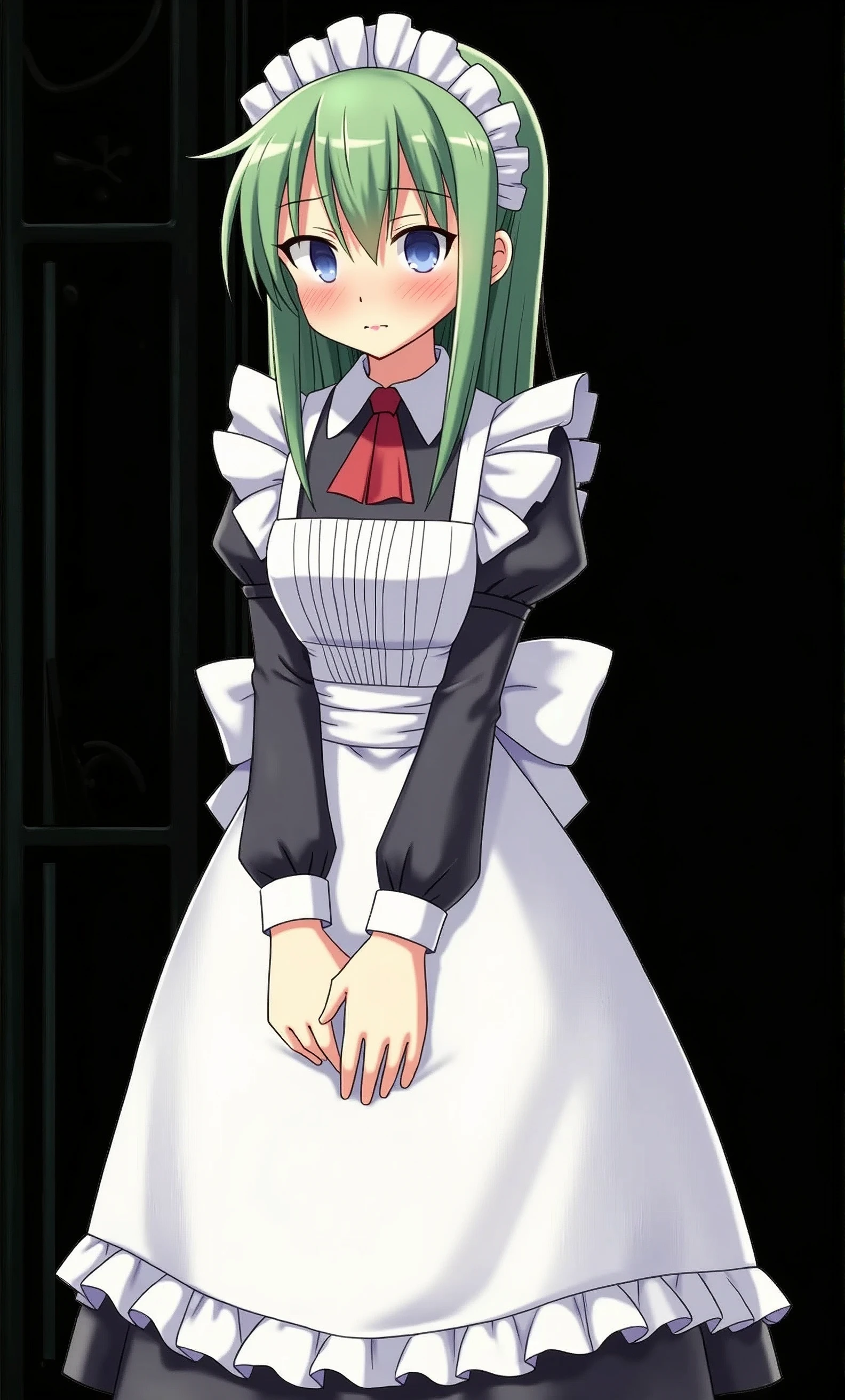 maid、Hold your hands on your butt、Embarrassed face、shame、Green Hair、Big Breasts、tits、skirt