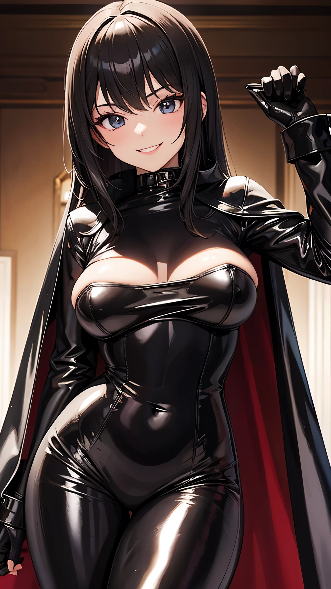 18 year old female wearing a black shiny PVC bodysuit and a black shiny PVC cape ic smile