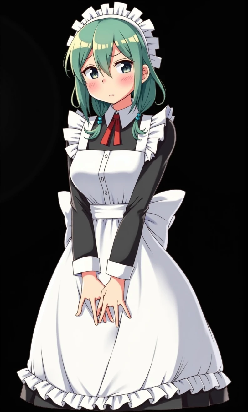 maid、Hold your hands on your butt、Embarrassed face、shame、Green Hair、Big Breasts、tits、skirt