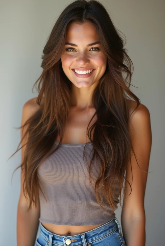 Photo of a beautiful girl from 20 to 35 years old, with a smile, full length, with long hair, posing hair.
