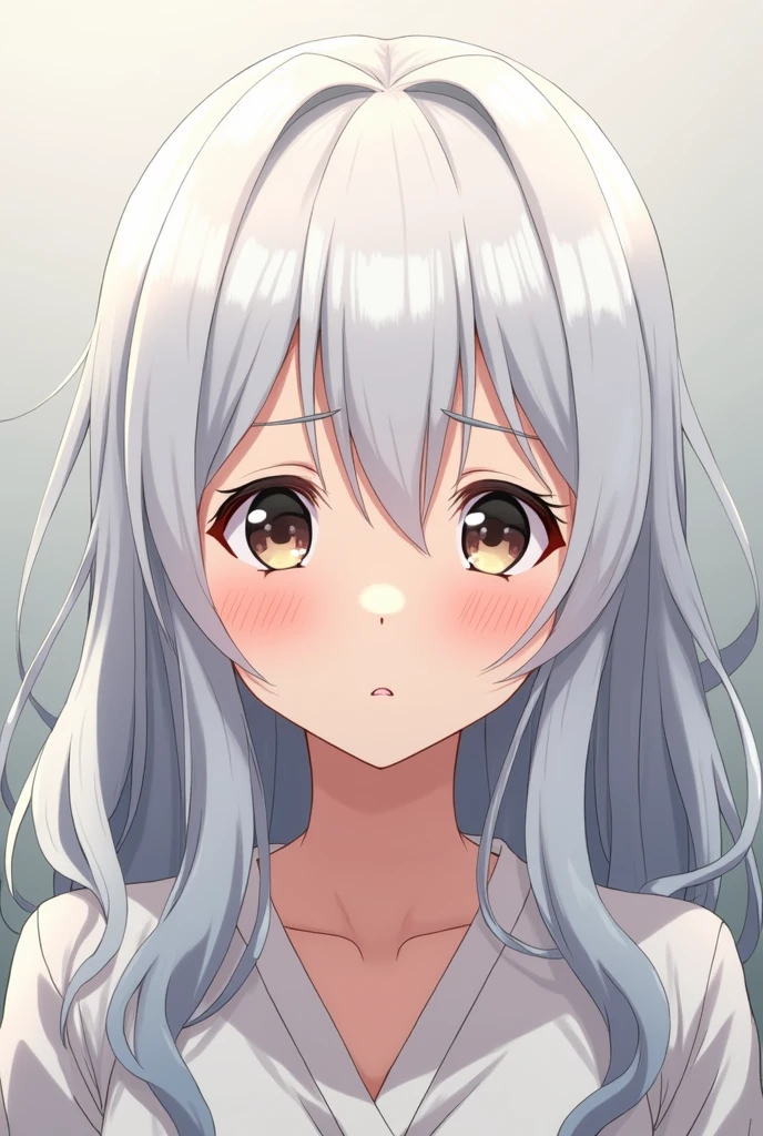 White haired female anime character with worried expression