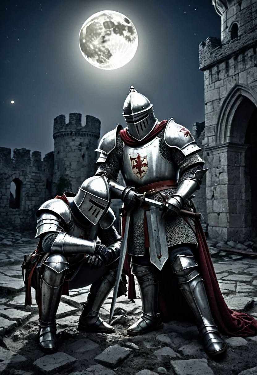 a battle-weary knight of the crusade, exhausted from fighting, under the light of a full moon in the ruins of a castle, removing their armor to tend to wounds, knight tending to their comrade, professional lighting, professional camera, realistic, cinematic