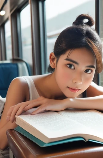 (8k, RAW photo, best quality, masterpiece), (photo realistic), outstanding details, ultra-high resolution, anatomically correct, textured skin, (Extremely precise and accurate anatomy),
Ultra Detailed Face, Detailed Eyes, 

((full body:1.4)), ( wide angel:1.4),

A cute 35 year old Japanese girl,(Relaxing and reading a book in a seat  at train), e235, train interior, scenery, seat, reflection, window, reflective floor,

(looking at viewer:1.4), 
(faint smile),  (Mouth slightly open:0.1),
((low chignon hair:1.4)), (Small nose:1.2) , (small mouth:1.2), 
(Ultra Detailed Rimless small glasses),  pupils sparkling,  thin lips, thin eyebrows, 
dark brown hair, Forehead, 

Earrings, Necklace, 

morning sun, (backlighting), 
reflection light from below, 
atmospheric perspective, depth of field, 
(dramatic lighting), cinematic lighting, 