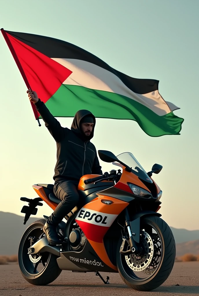A man in black sits on a Repsol CBR motorbike holding a Palestinian flag 