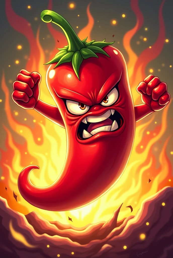 Create a discord profile picture for me of a res hot chili cartoon that is mad furious nad has awesome background