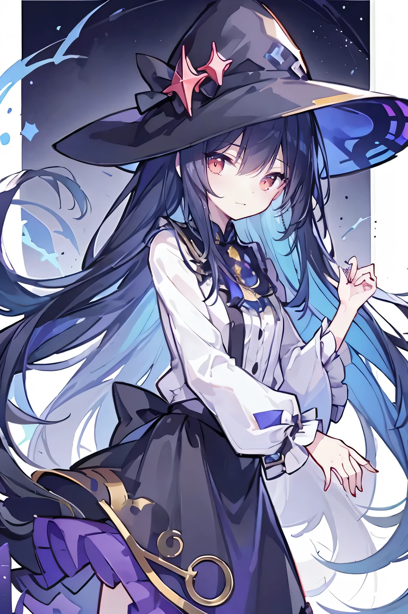 oung Girls,Humanity,A magician always smiles,big witch hat,cute,dark blue long hair,The eyes are dull,The bangs are heavy,Thin eyebrows,fantasy,intake,Double teeth,Star Theme,Constellation pattern,Solid color clothetal decoration,cloak,A bit of a dark atmosphere,A little crazy smile,When the big moon shines outside at night,blood,Hair black star embellishment,Short tie,No nails,High waist skirt,Bell sleeves,Long-sleeved shirt,Black tie,low risk,gentlemen。Mist、Yellow and white effect,Shocking pink as an accent color